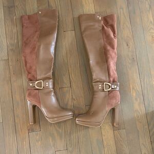 Italina Two-Tone platform Brown over the knee Heeled Boots 8